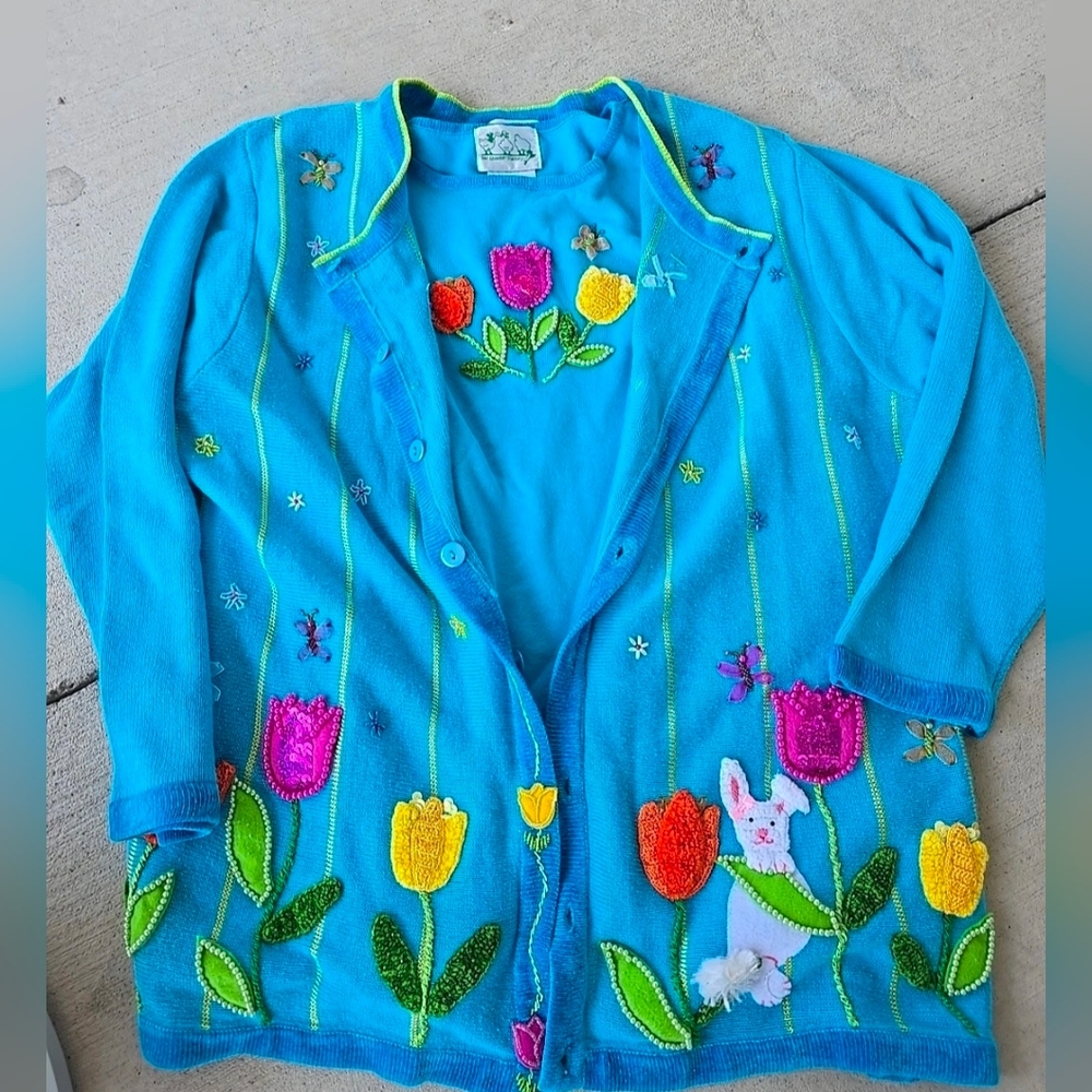 Vintage The Quacker Factory Easter Bunny Cardigan